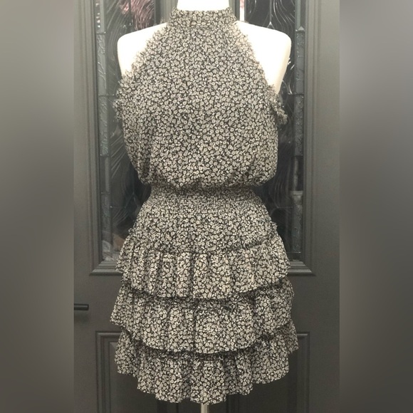 MSK Womens Metallic Floral Mini Halter Ruffle Tiered Dress - Picture 2 of 11